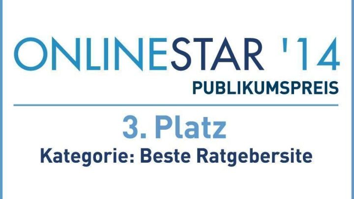 Logo verk&uuml;ndet 3. Platz f&uuml;r OnlineStar '14 Publikumspreis in der Kategorie Beste Ratgeberseite.