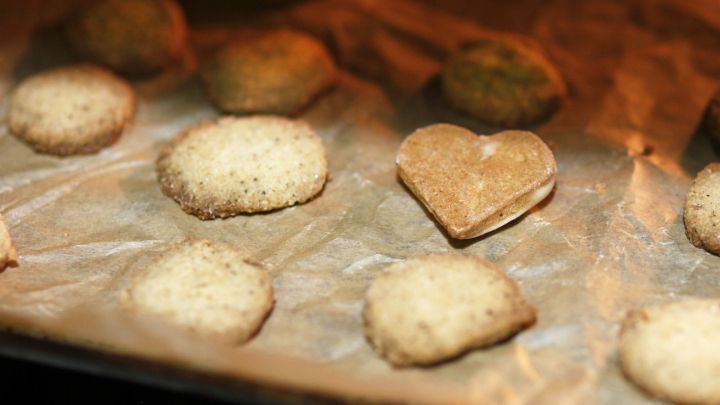 Auf einem Backblech liegen frisch gebackene Hundekekse in verschiedenen Formen, darunter ein herzf&ouml;rmiger Keks.