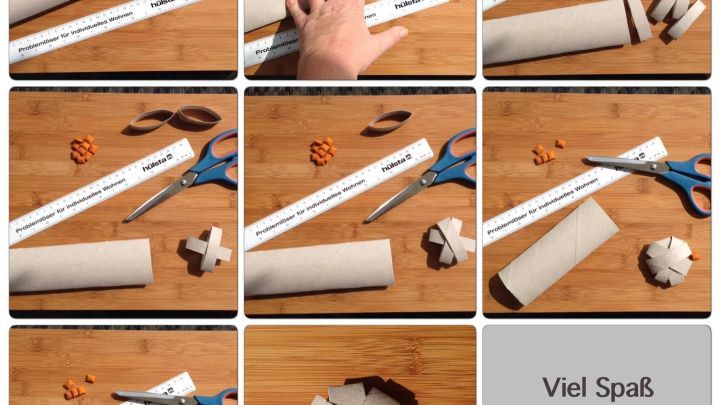 Papprolle wird mit Schere und Lineal zu Katzenspielzeug geschnitten; Text: "Viel Spa&szlig; w&uuml;nsche ich Euch und Eurer Fellnase!"
