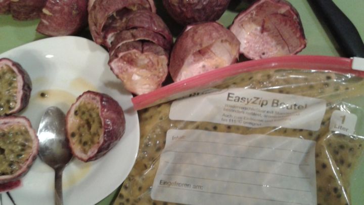 Eingerichtete Passionsfr&uuml;chte auf einem Teller neben einem Gefrierbeutel, bereit zum Einfrieren f&uuml;r sp&auml;teren Genuss.