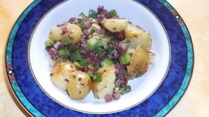 Ein Teller mit gebratenen Kartoffelst&uuml;cken, gr&uuml;nen Paprika und Speckw&uuml;rfeln, serviert in einem blau umrandeten Teller.