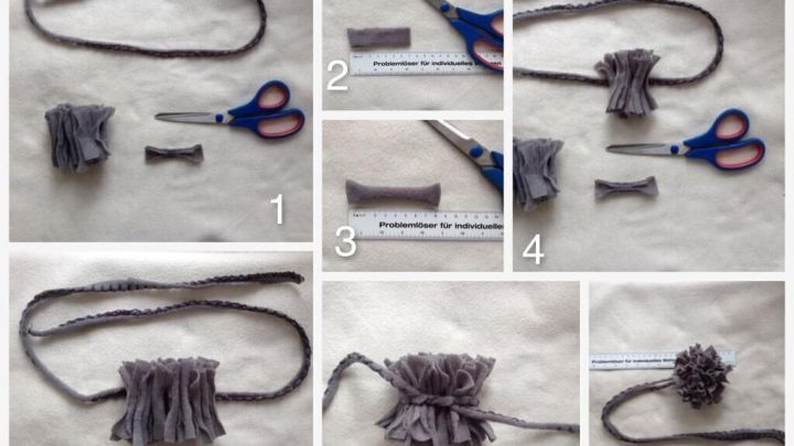 Die Anleitung zeigt verschiedene Schritte zur Herstellung von Katzenspielzeug. Eine Schere und Material werden verwendet.