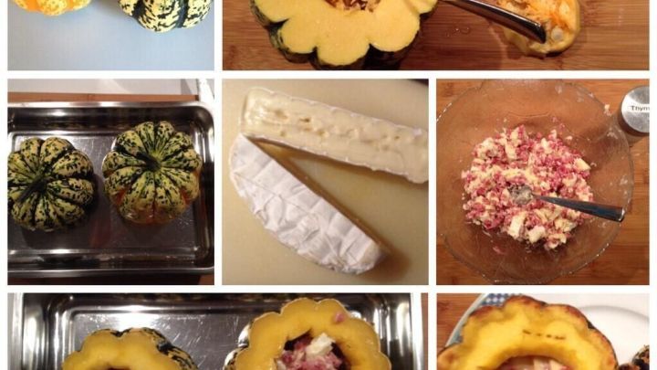 Gef&uuml;llte K&uuml;rbisse mit Gorgonzola werden zubereitet, w&auml;hrend sie auf einem Holzbrett und in einer Backform angerichtet sind.