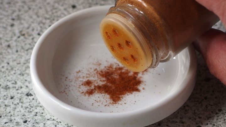 Ein Hand h&auml;lt ein Gew&uuml;rzglas und streut braunes Pulver auf eine kleine, wei&szlig;e Sch&uuml;ssel, um das Verklumpen von Gew&uuml;rzen zu verhindern.