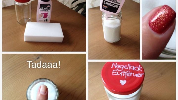 Ein Beh&auml;lter mit Express Nagellackentferner wird pr&auml;sentiert. Eine Hand zeigt auf einen kleinen, leeren Beh&auml;lter.