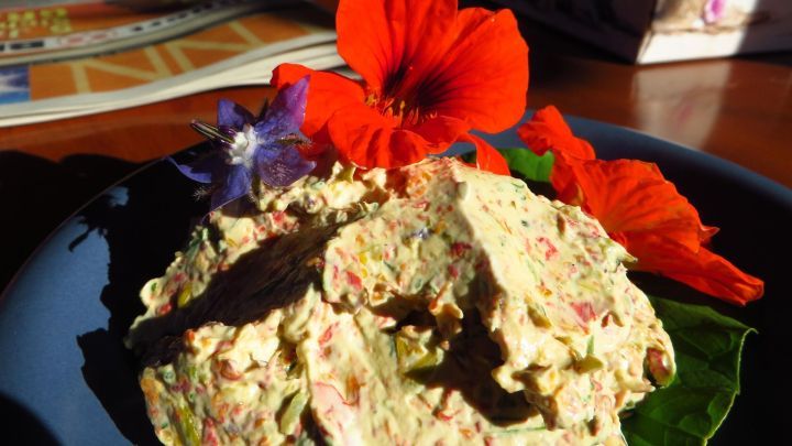 Frischer selbstgemachter Kapuzinerkresse-Aufstrich bringt Farbe und W&uuml;rze auf Dein Brot.