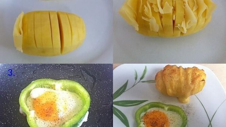 Gebackene K&auml;sekartoffel wird in verschiedenen Stadien gezeigt, mit Paprika und einem Spiegelei in der N&auml;he. "Fertig!" steht auf dem Teller.