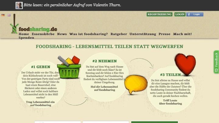 Eine gr&uuml;ne Tonne im Vordergrund zeigt das Teilen von Lebensmitteln, w&auml;hrend Text zur Lebensmittelrettung im Hintergrund erscheint.