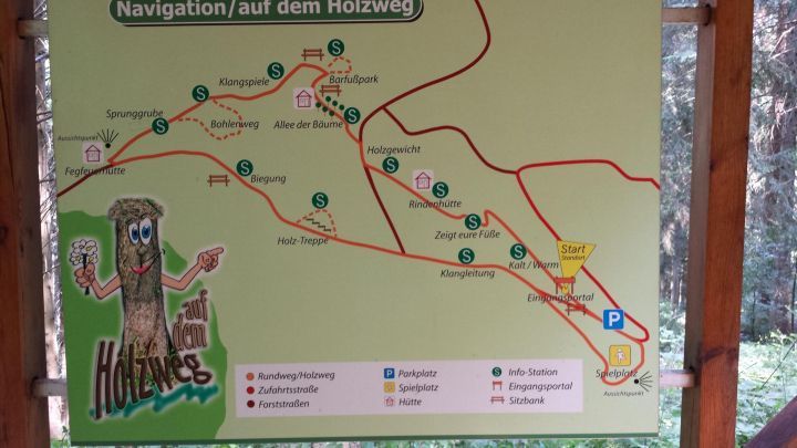 Eine Karte zeigt Wanderwege und Orientierungspunkte, um das Navigieren in der Natur zu erleichtern.