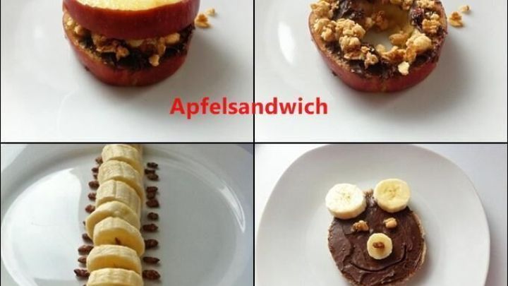 Auf einem Teller sind verschiedene Obstkreationen dekorativ angerichtet: ein Apfelsandwich, eine lustige Raupe aus Bananen und ein Teddy-Brot.