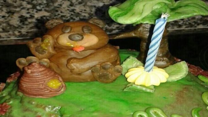 Ein bunter Kuchen zeigt eine s&uuml;&szlig;e B&auml;renfigur aus Modellierschokolade, umgeben von Pflanzen und einer Kerze.