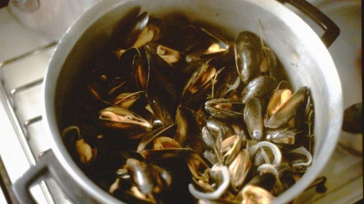 In einem gro&szlig;en Topf mit Miesmuscheln, die zum Kochen bereit sind, wird eine Mouclade nach Art der Ile de R&eacute; zubereitet.