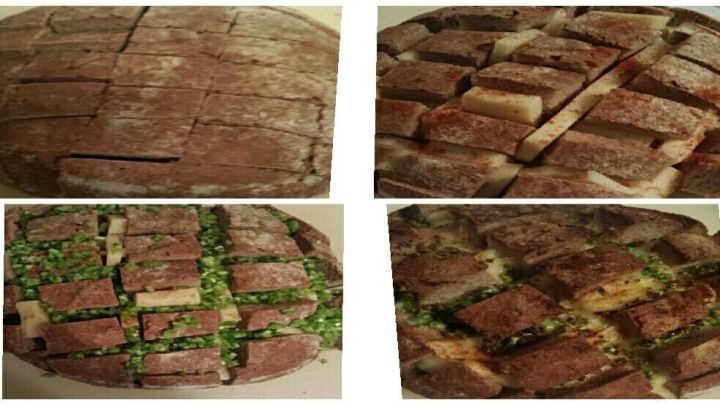 Zupfbrot in vier Bildern: Einmal ungef&uuml;llt, dann mit K&auml;se, gefolgt von Fr&uuml;hlingszwiebeln, zum Schluss im Ofen gebacken.