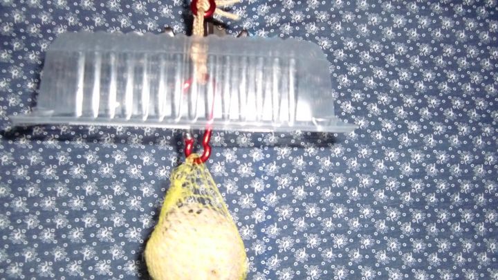 Ein Meisenkn&ouml;del wird mit einer Abdeckung vor Regen gesch&uuml;tzt, w&auml;hrend er an einem Ge&auml;st h&auml;ngt. Der Hintergrund ist ein blauer, gemusterter Stoff.