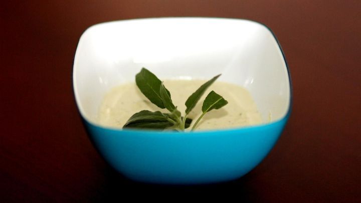 Ein appetitlicher Dip in einer bunten Schale steht bereit, um als Brotaufstrich oder Beilage zu Gegrilltem zu dienen.