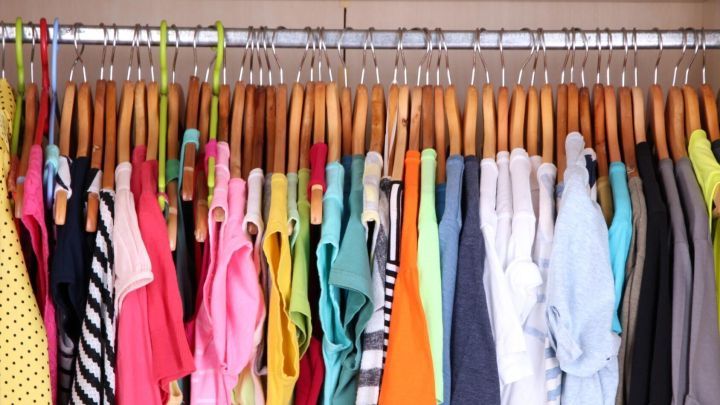 Bunt gekleidete Oberteile h&auml;ngen ordentlich an Holzkleiderb&uuml;geln in einem aufger&auml;umten Kleiderschrank, um Kleidermotten fernzuhalten.