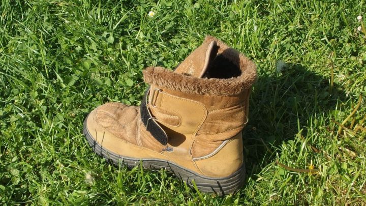 Ein brauner Stiefel steht im Gras, wahrscheinlich als Teil einer Strategie, um Kaninchen im Garten zu vertreiben.