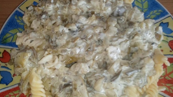 Ein Teller mit Nudeln ist mit einer cremigen Gew&uuml;rzgurkenso&szlig;e &uuml;berzogen und auf einem bunten, gemusterten Teller angerichtet.