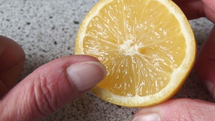 Eine Hand h&auml;lt eine halbierte Zitrone, w&auml;hrend ein Finger die Frucht ber&uuml;hrt, um feste Fingern&auml;gel zu f&ouml;rdern.