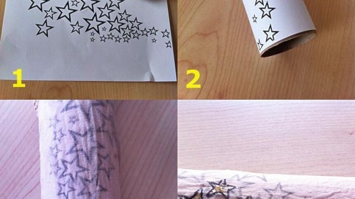 Ein Blatt mit schwarzen Sternen wird gestempelt, um eine dekorative Rolle f&uuml;r Strumpfhosen oder Strumpfsocken zu gestalten.