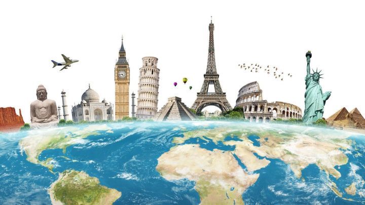 Eine farbenfrohe Weltkugel zeigt ber&uuml;hmte Wahrzeichen der Welt zwischen dem Flughafen und Reisem&ouml;glichkeiten, die g&uuml;nstige Fl&uuml;ge symbolisieren.