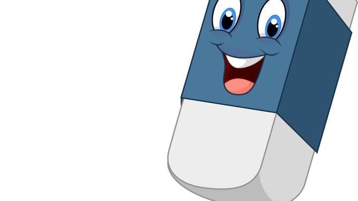 Ein fr&ouml;hlicher Radierer schwebt &uuml;ber einem schwarzen Strich, bereit, Butterflecken aus Wildleder zu entfernen.