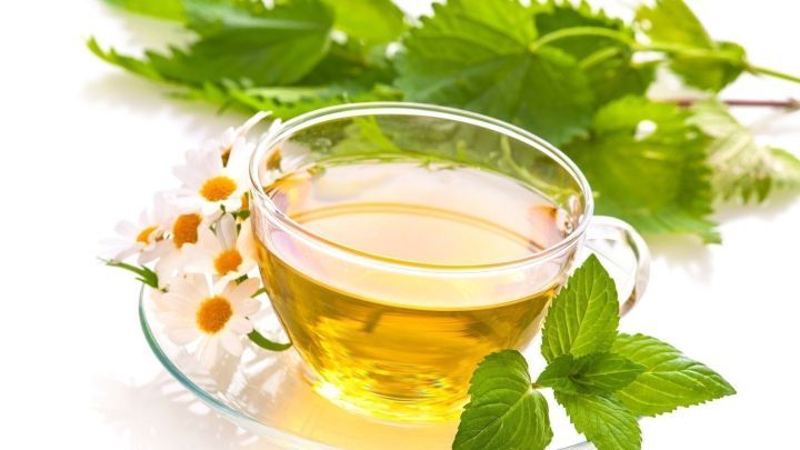 Ein Teeglas mit herbalem Tee steht auf einer Untertasse, umgeben von frischen Kr&auml;utern, ideal gegen Halsschmerzen.