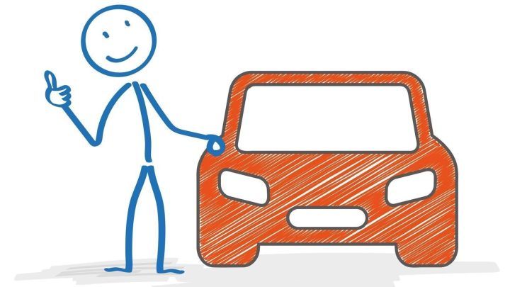 Ein fr&ouml;hlicher Strichm&auml;nnchen steht neben einem roten Auto und zeigt Daumen hoch, symbolisiert Funkmietwagen statt Taxi.