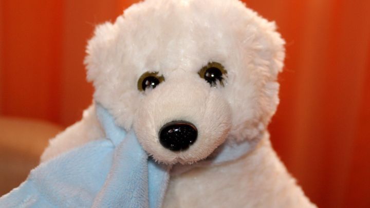 Ein wei&szlig;er, kuscheliger Pl&uuml;sch-B&auml;r mit einem blauen Schal sitzt vor einem orangenen Hintergrund.