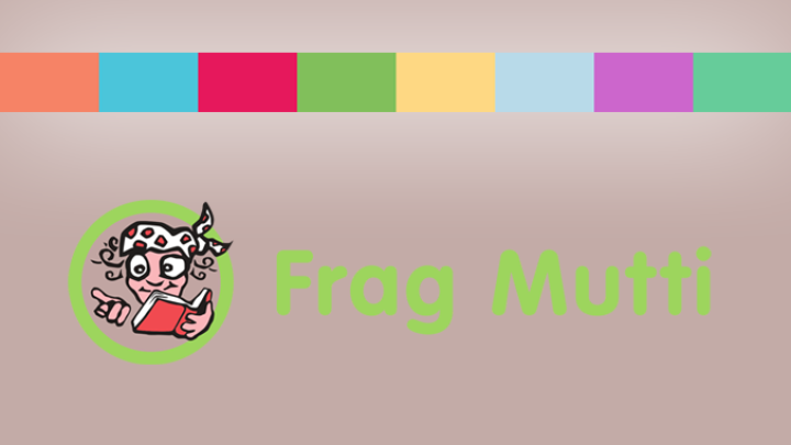 Logo mit Karikatur einer Person, die ein Buch liest; daneben der Text "Frag Mutti" in Gr&uuml;n vor einem beige Hintergrund mit bunter Leiste.