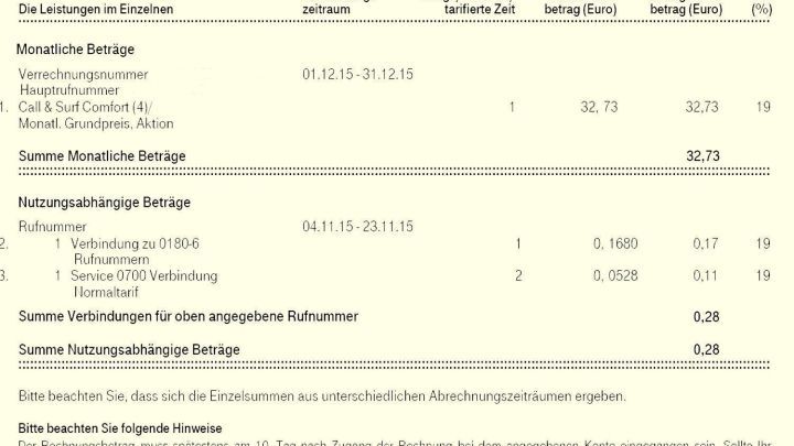 Eine Telefonrechnung listet monatliche und nutzungsabh&auml;ngige Betr&auml;ge auf, inklusive Call & Surf Comfort, Gesamtsumme 32,73 Euro.