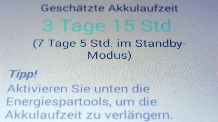 Gesch&auml;tzte Akkulaufzeit zeigt 3 Tage 15 Std. Hinweis zur Verl&auml;ngerung durch Aktivierung von Energiespartools.