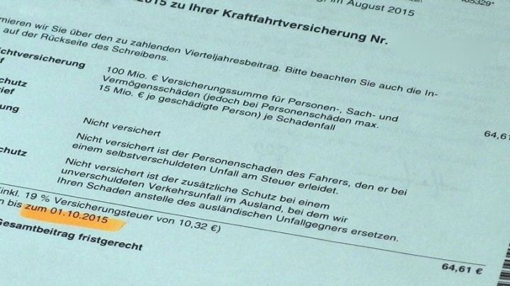 Ein Dokument liegt vor, das eine Versicherung betrifft, und beschreibt Termine sowie Zahlungsdetails f&uuml;r die f&auml;llige Versicherung.