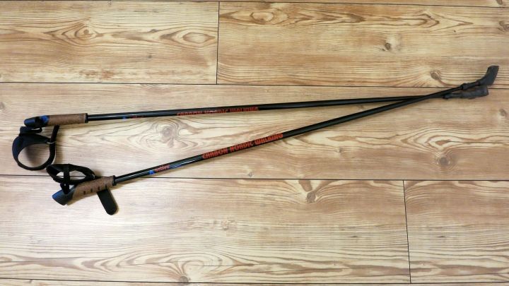 Zwei schwarze Walkingst&ouml;cke mit Korkgriffen liegen auf hellem Holzboden. Aufschrift: "CARBON POWER WALKING".