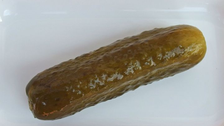 Eine Essiggurke liegt auf einem wei&szlig;en Teller, bereit zur Verwendung gegen einen Kater am Morgen.