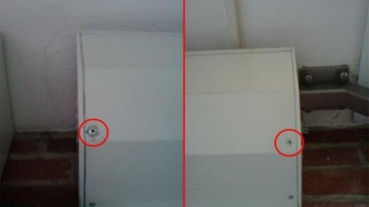 Zwei Bilder eines Metallkastens, jeweils mit markierten Nieten, zeigen den Vergleich vor und nach dem Entfernen an einer Ziegelwand.