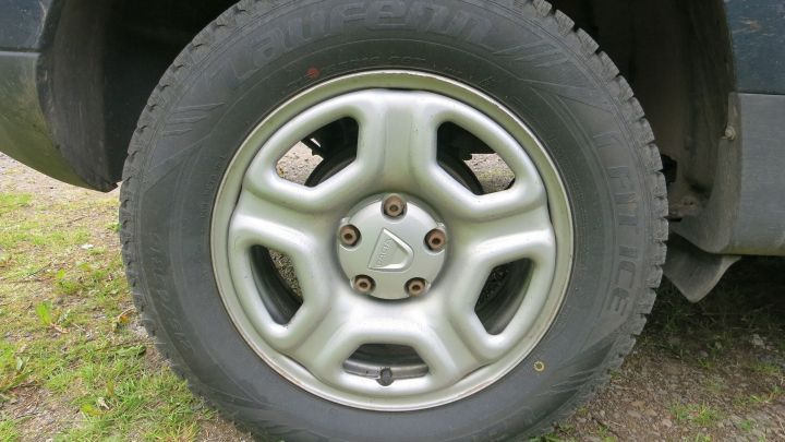 Ein Reifen liegt auf dem Gras, er zeigt eine graue Felge und Profil, was auf die Pflege mit Silikon hinweist.