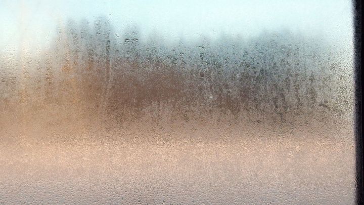 Eine beschlagene Autoscheibe verdeckt die Sicht nach au&szlig;en, w&auml;hrend ein unscharfes Landschaftsbild im Hintergrund sichtbar ist.