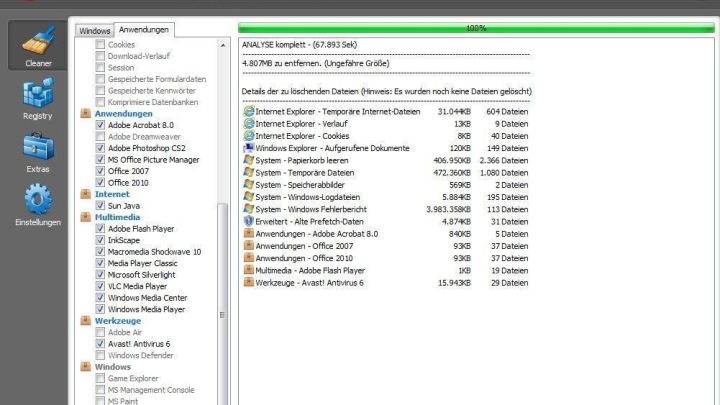 Ein Programm zur PC-Optimierung zeigt eine Liste von Dateien und deren Speicherplatz, um den PC schneller zu machen.