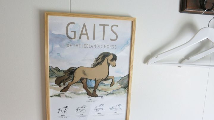 Ein gerahmtes Bild eines Pferdes, das die G&auml;nge zeigt, h&auml;ngt an einer Wand, w&auml;hrend ein Kleiderb&uuml;gel daneben h&auml;ngt.