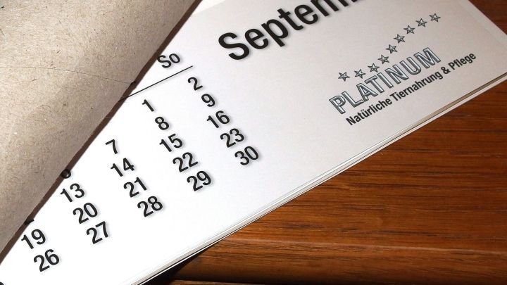 Ein Kalenderblatt zeigt den September, w&auml;hrend es auf einem Tisch liegt und durch das Licht beleuchtet wird.