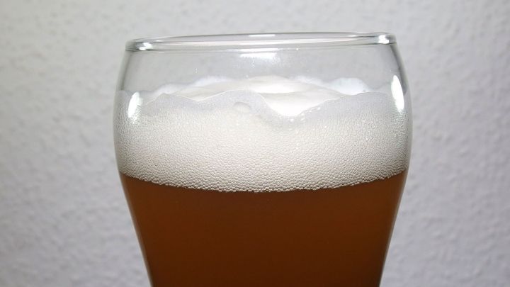 Ein Bierglas mit schaumigem, goldbraunem Bier steht vor einer neutralen Wand.