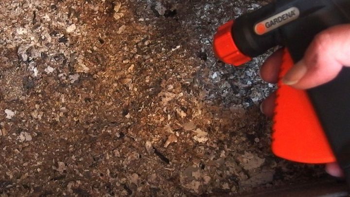 Eine Hand benutzt einen Spr&uuml;hkopf, um Asche aus einem offenen Kamin feucht zu machen, um das Entfernen zu erleichtern.