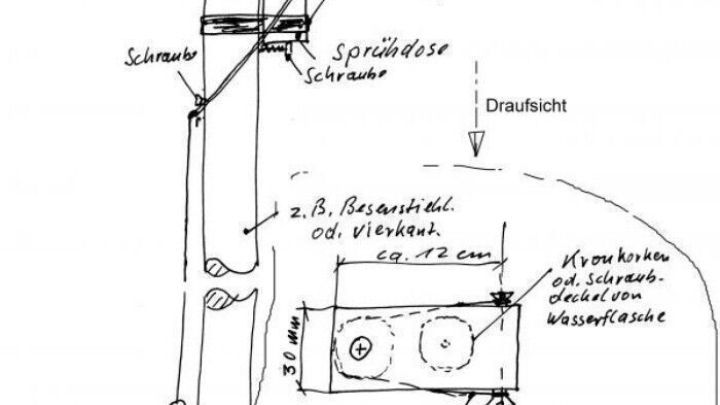 Eine technische Zeichnung zeigt eine Spritzd&uuml;se zur Bek&auml;mpfung von Blattl&auml;usen mit verschiedenen Anbauteilen und Verbindungen.