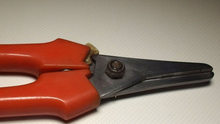 Eine scharfe Gartenschere mit roten Griffen liegt auf einer neutralen, hellen Oberfl&auml;che. Sie ist bereit f&uuml;r den Einsatz im Garten.