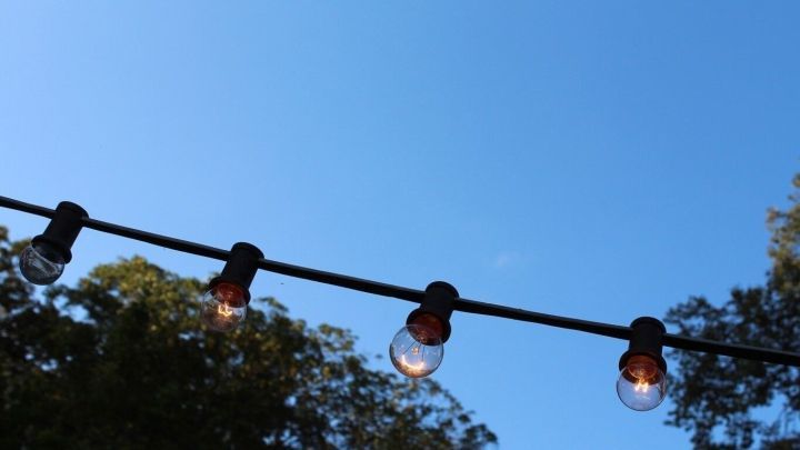 String lights hang from a wire against a clear blue sky, creating a warm atmosphere ideal for catching M&uuml;cken und Fruchtfliegen.