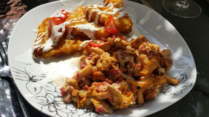 Schnelle Pfifferlinge mit Speck und Zwiebeln, dazu knusprige R&ouml;sti &ndash; das perfekte Gericht aus dem Artikel f&uuml;r ein schnelles Mittagessen.