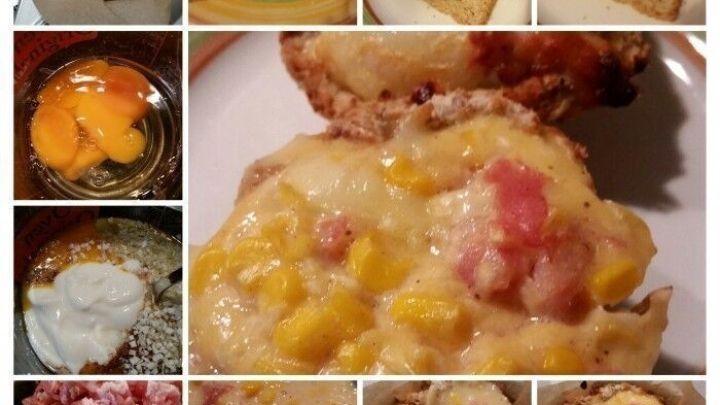 Leckere Fr&uuml;hst&uuml;cksmuffins mit geschmolzenem K&auml;se, Ei und Speck auf einem Teller, umgeben von Zutaten und Zubereitungsschritten.