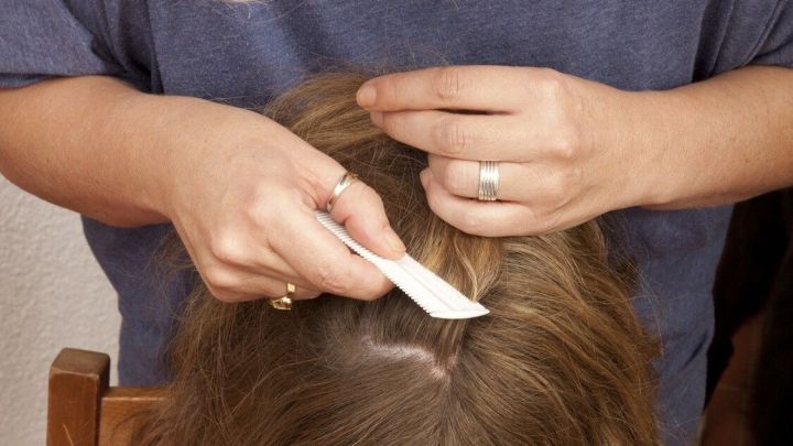 Eine Person k&auml;mmt behutsam mit einem L&auml;usekamm das Haar eines M&auml;dchens, um Kopfl&auml;use effektiv zu bek&auml;mpfen.