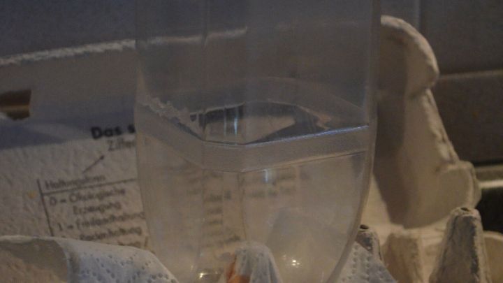 Ein Eierkarton st&uuml;tzt eine Flasche, die zum Trocknen auf einem K&uuml;chentisch steht, umgeben von Papiert&uuml;chern.